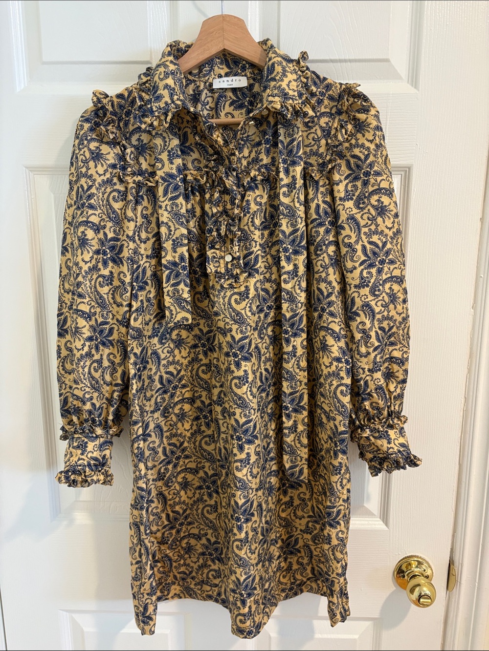 Sandro Beige and Navy Paisley Tie-Neck Mini Dress